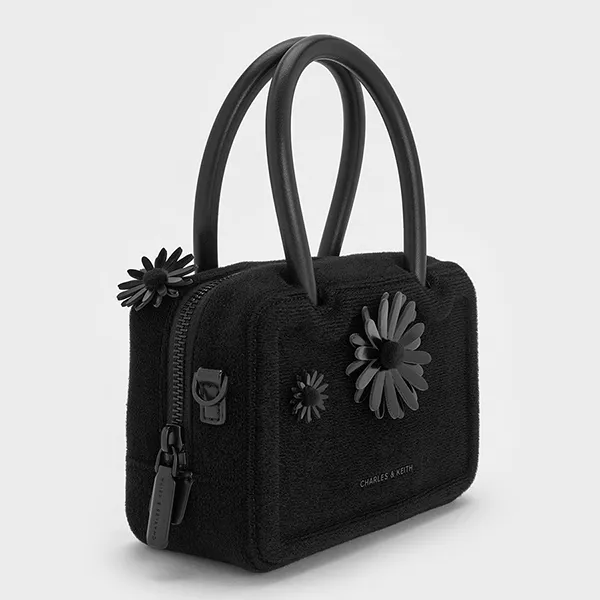 Túi Đeo Chéo Nữ Charles & Keith Perline Boxy Top Handle Bag With Floral Appliques CK2-30782297-A Màu Đen