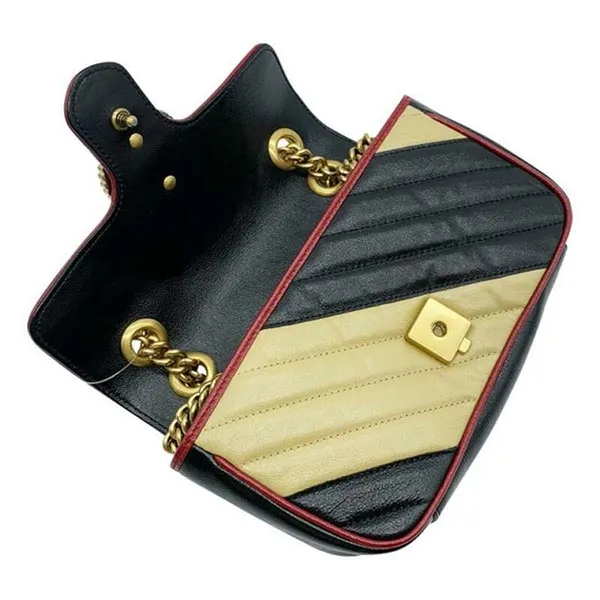 Túi Đeo Chéo Nữ Gucci Marmont Gg 2.0 Mini Pattern Black Leather Crossbody Bag Màu Đen Be
