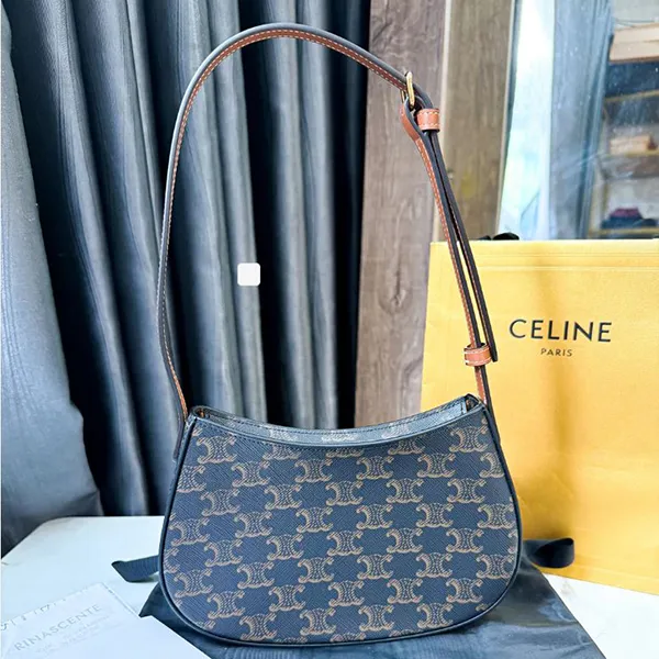 Túi Đeo Vai Nữ Celine Tilly Medium Bag in Triomphe Canvas And Calfskin Màu Nâu Đen
