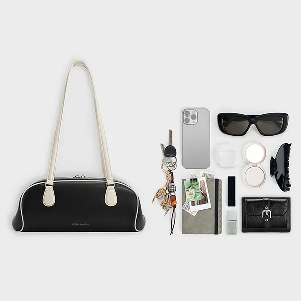 Túi Đeo Vai Nữ Charles & Keith CNK Nelly Two-Tone Elongated Shoulder Bag Multi CK2-30782751 Màu Đen/Trắng