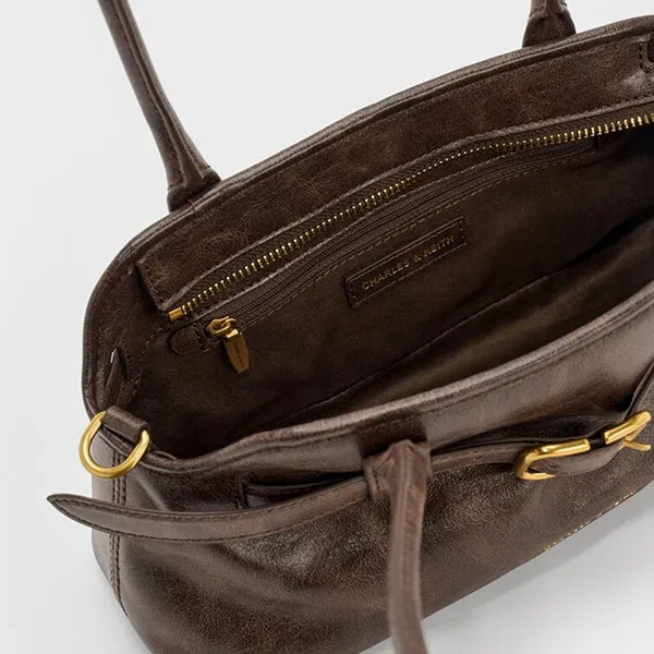 Túi Đeo Vai Nữ Charles & Keith CNK Victoria Studded Belted Elongated Shoulder Bag Distressed CK2-20271613 Màu Nâu Cafe