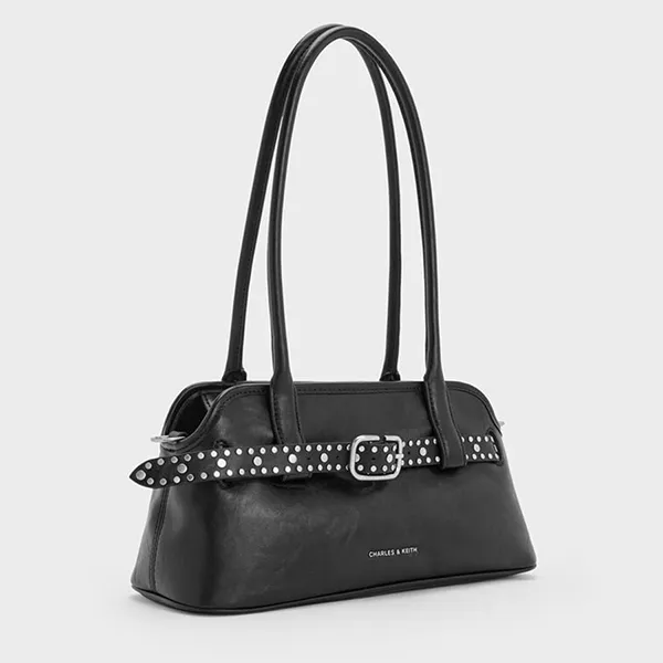 Túi Đeo Vai Nữ Charles & Keith CNK Victoria Studded Belted Elongated Shoulder Bag Noir CK2-20271613 Màu Đen