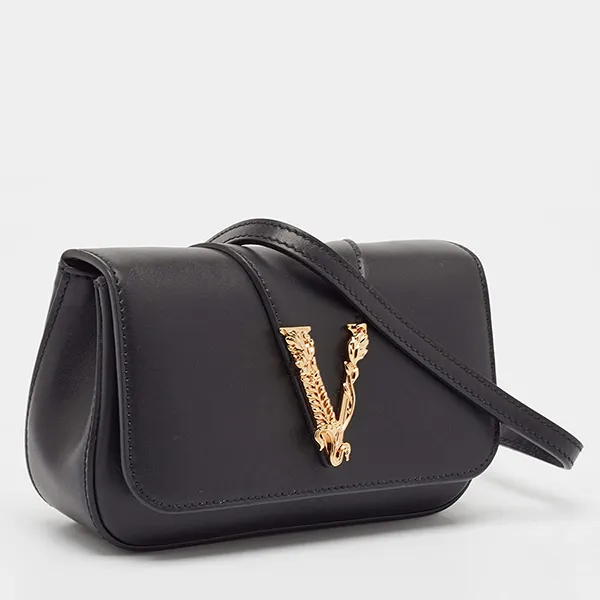 Túi Đeo Vai Nữ Versace Black Leather Virtus Flap Saddle Bag Màu Đen