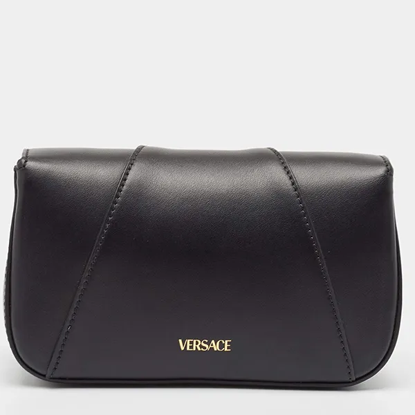 Túi Đeo Vai Nữ Versace Black Leather Virtus Flap Saddle Bag Màu Đen