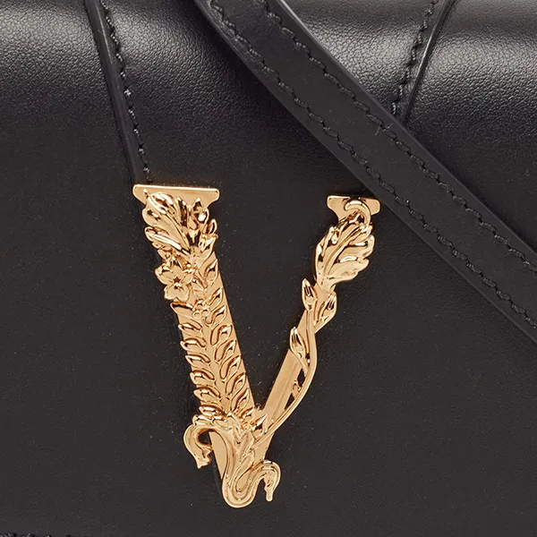 Túi Đeo Vai Nữ Versace Black Leather Virtus Flap Saddle Bag Màu Đen