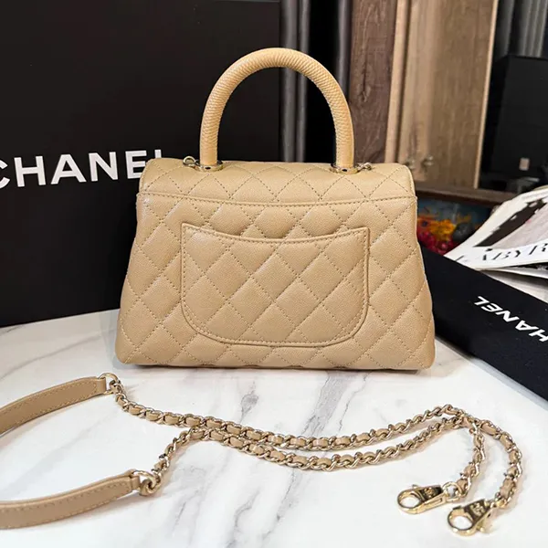 Túi Xách Nữ Chanel Caviar Coco Handle 9.5 Dark Beige Màu Be Đậm
