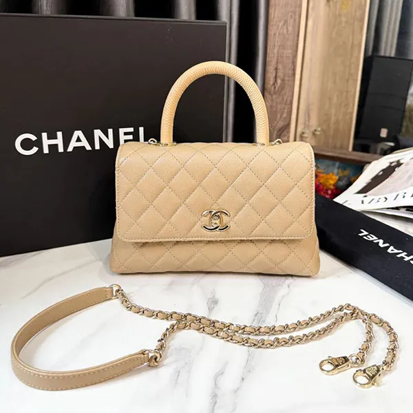 Túi Xách Nữ Chanel Caviar Coco Handle 9.5 Dark Beige Màu Be Đậm