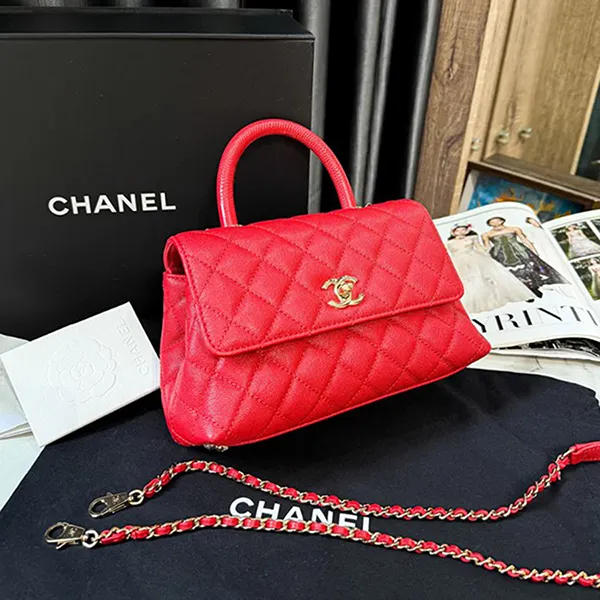 Túi Xách Nữ Chanel Flap Bag With Top Handle Grained Calfskin & Gold-Tone Metal Red Màu Đỏ