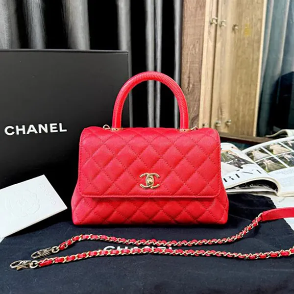 Túi Xách Nữ Chanel Flap Bag With Top Handle Grained Calfskin & Gold-Tone Metal Red Màu Đỏ