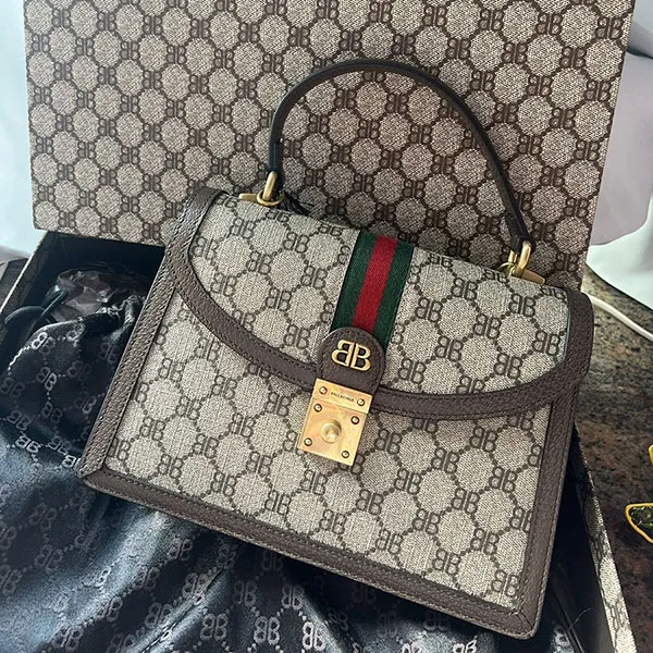 Túi Xách Tay Balenciaga Hacker Project x Gucci Monogram Top Handle Bag Màu Be