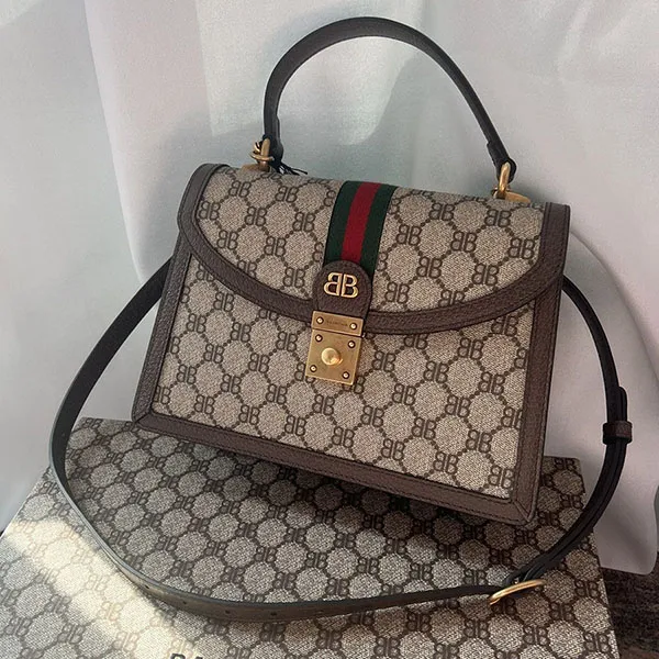 Túi Xách Tay Balenciaga Hacker Project x Gucci Monogram Top Handle Bag Màu Be