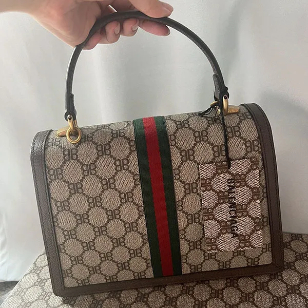 Túi Xách Tay Balenciaga Hacker Project x Gucci Monogram Top Handle Bag Màu Be