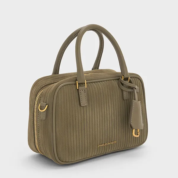 Túi Xách Tay Nữ Charles & Keith CNK Mini Sianna Corduroy Bowling Bag - Deep Olive CK2-30151589 Màu Xanh Olive