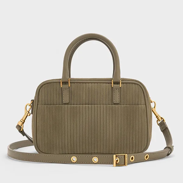 Túi Xách Tay Nữ Charles & Keith CNK Mini Sianna Corduroy Bowling Bag - Deep Olive CK2-30151589 Màu Xanh Olive
