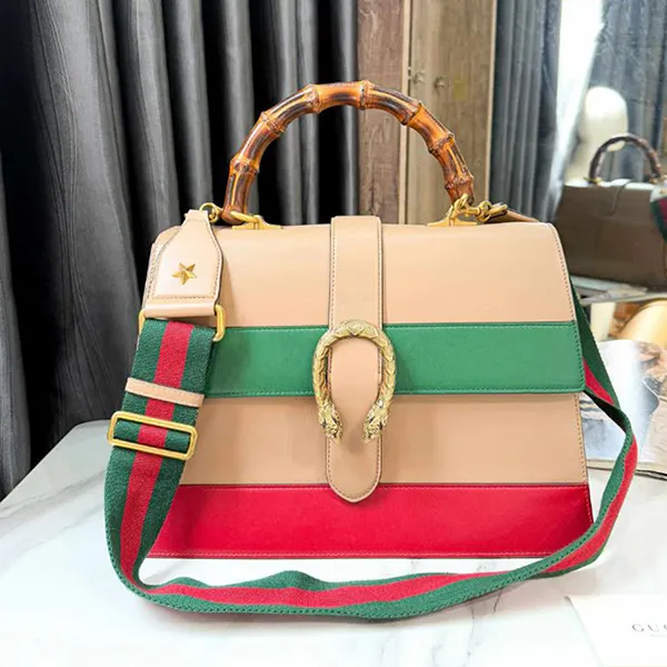 Túi Xách Tay Nữ Gucci Beige Red Green Leather Dionysus Bamboo Handle Large Màu Be Xanh
