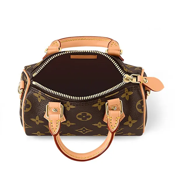 Túi Xách Tay Nữ Louis Vuitton LV Nano Speedy M81085 Handbag Strap In Brown Canvas Màu Nâu Đen