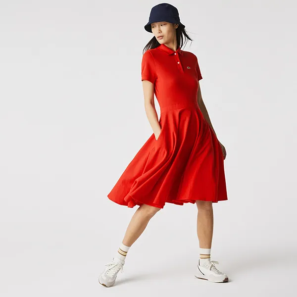 Váy Polo Nữ Lacoste Women’s Fitted Cotton Piqué Polo Dress EF1682 F8M Màu Cam Size 38