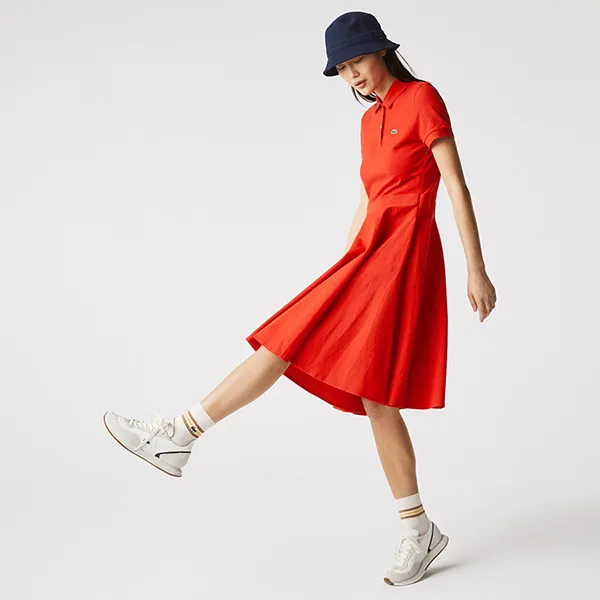 Váy Polo Nữ Lacoste Women’s Fitted Cotton Piqué Polo Dress EF1682 F8M Màu Cam Size 38