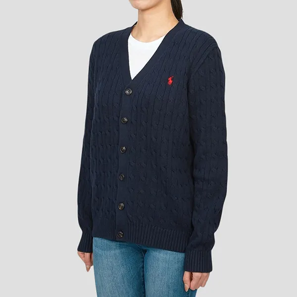 Áo Cardigan Nữ Ralph Lauren Navy Cable-Knit V-Neck Red Pony Logo 323925717006 Màu Xanh Navy Size L