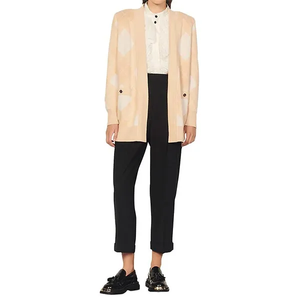 Áo Cardigan Nữ Sandro Glenda Argyle Wool Blend Cardigan Màu Cam Nhạt Size 0