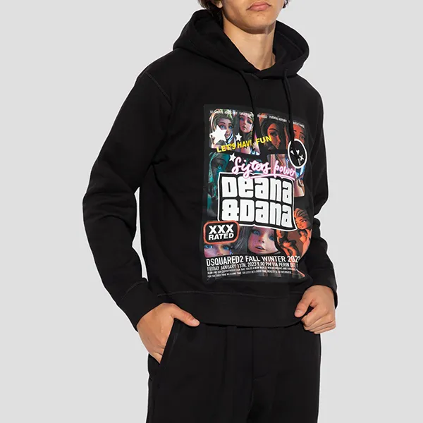 Áo Hoodie Nam Dsquared2 Printed 'D2 Cool' Sweatshirt In Black Cotton S71GU0625 S25516 900 Màu Đen Size XS