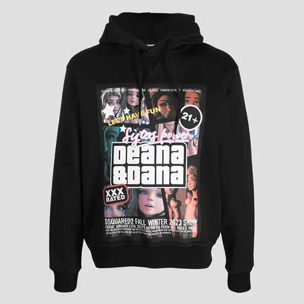 Áo Hoodie Nam Dsquared2 Printed 'D2 Cool' Sweatshirt In Black Cotton S71GU0625 S25516 900 Màu Đen Size XS