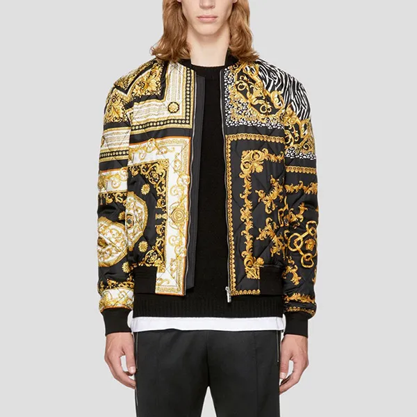 Áo Khoác Bomber Nam Versace Silk Black With Baroque Logo Printed A77521 A222428 A708 Màu Vàng Đen Size 46