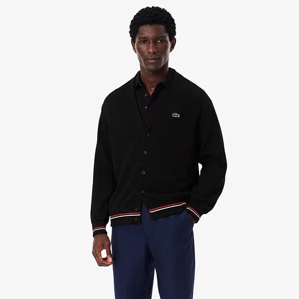 Áo Khoác Len Nam Lacoste Relaxed Fit Stripe Detail Cotton Cardigan AH9311 - DVI Màu Đen Size 4