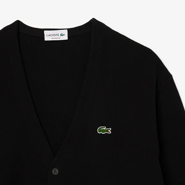 Áo Khoác Len Nam Lacoste Relaxed Fit Stripe Detail Cotton Cardigan AH9311 - DVI Màu Đen Size 4