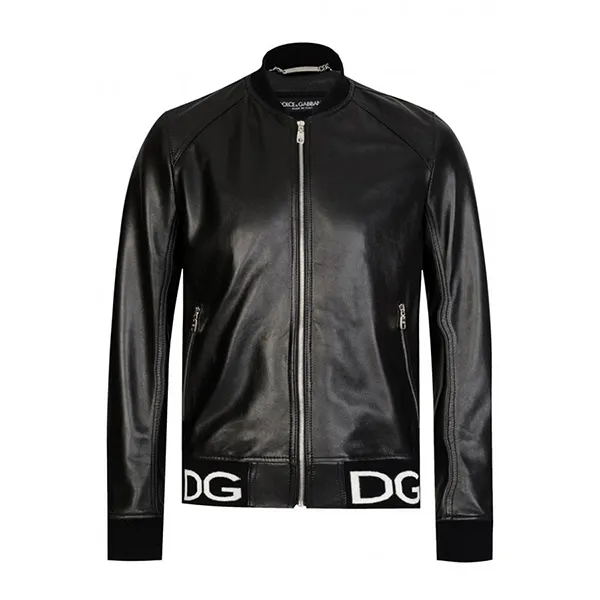 Áo Khoác Nam Dolce & Gabbana D&G Hem Logo Leather Bomber Jacket Black Màu Đen Size 46