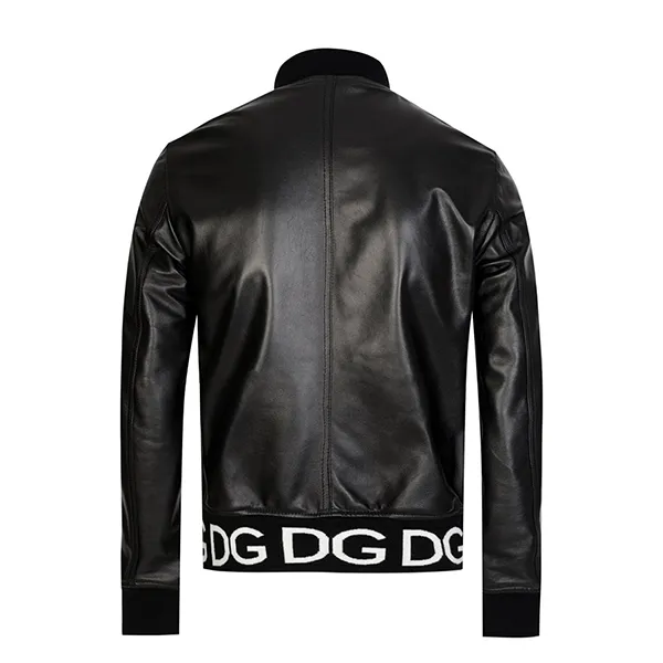 Áo Khoác Nam Dolce & Gabbana D&G Hem Logo Leather Bomber Jacket Black Màu Đen Size 46