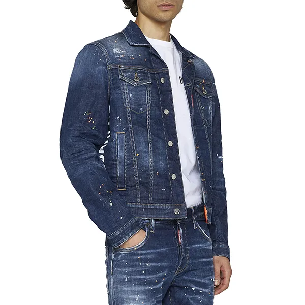 Áo Khoác Jean Nam Dsquared2 Denim Blue Splatter Pattern Jacket Màu Xanh Đậm Size 44