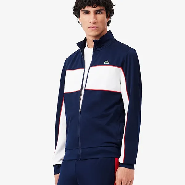 Áo Khoác Nam Lacoste Print Branding Zipped Tennis Sweatshirt SH8942-00 5GC Màu Xanh Trắng Size 3