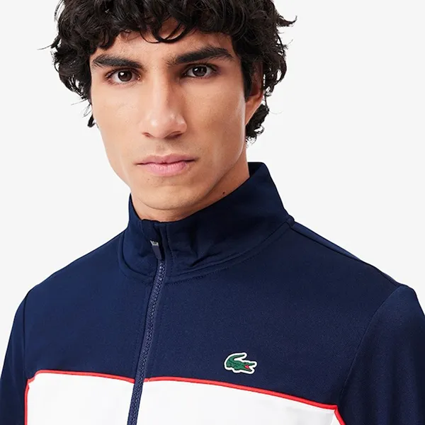 Áo Khoác Nam Lacoste Print Branding Zipped Tennis Sweatshirt SH8942-00 5GC Màu Xanh Trắng Size 3