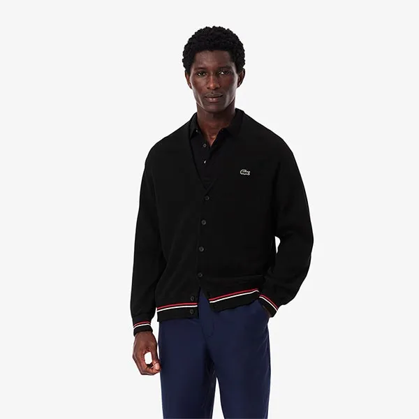 Áo Len Cardigan Nam Lacoste Relaxed Fit Stripe Detail Cotton Cardigan 0100 LACAH9311 Màu Đen Size 2