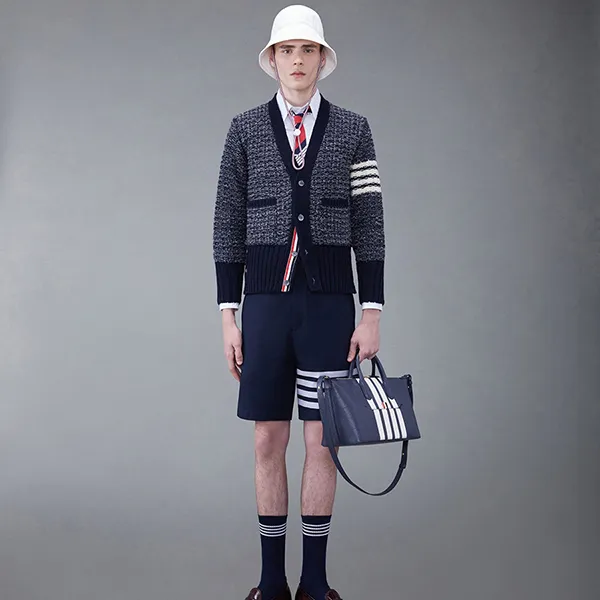 Áo Len Cardigan Nam Thom Browne 4-Bar Mélange-effect MKC510A Màu Xanh Xám Size 1