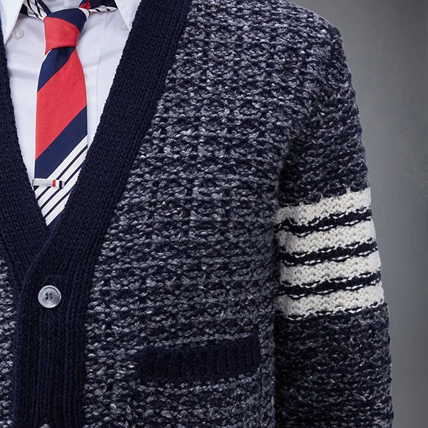 Áo Len Cardigan Nam Thom Browne 4-Bar Mélange-effect MKC510A Màu Xanh Xám Size 1