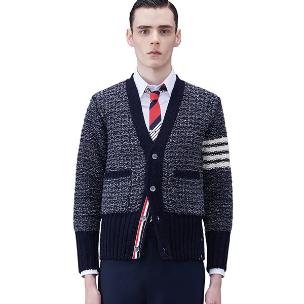 Áo Len Cardigan Nam Thom Browne 4-Bar Mélange-effect MKC510A Màu Xanh Xám Size 1