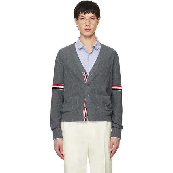 Áo Len Cardigan Nam Thom Browne Grey Y-Neck Cardigan Cardigan MKC519A Màu Xám Size 3