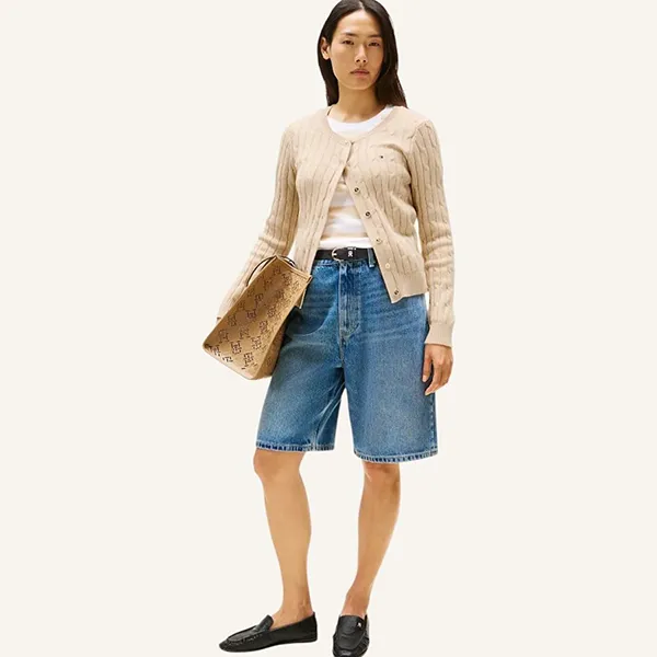 Áo Len Cardigan Nữ Tommy Hilfiger Cable Knit Màu Be Size XS