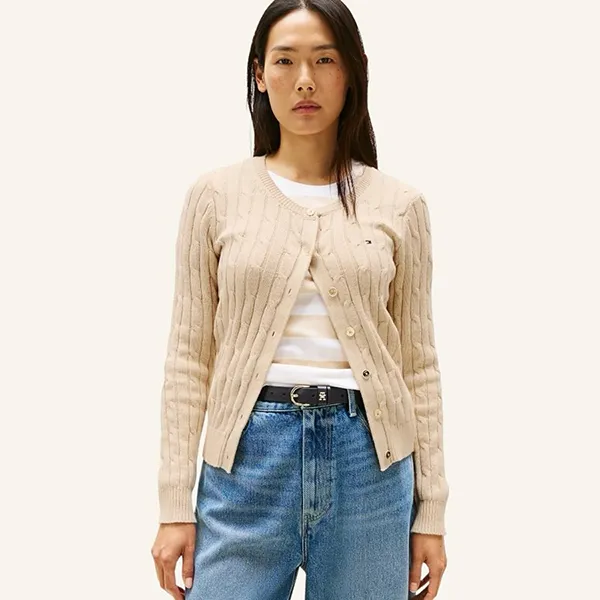 Áo Len Cardigan Nữ Tommy Hilfiger Cable Knit Màu Be Size XS
