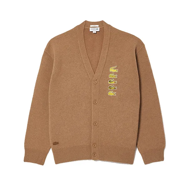 Áo Len Cardigan Unisex Lacoste Timeline Clock V-Neck AH0823 Màu Be Size XXS