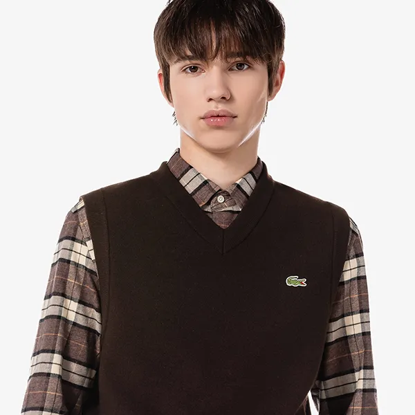 Áo Len Gile Nam Lacoste V-neck Vest AH376E BZD Màu Nâu Size 3
