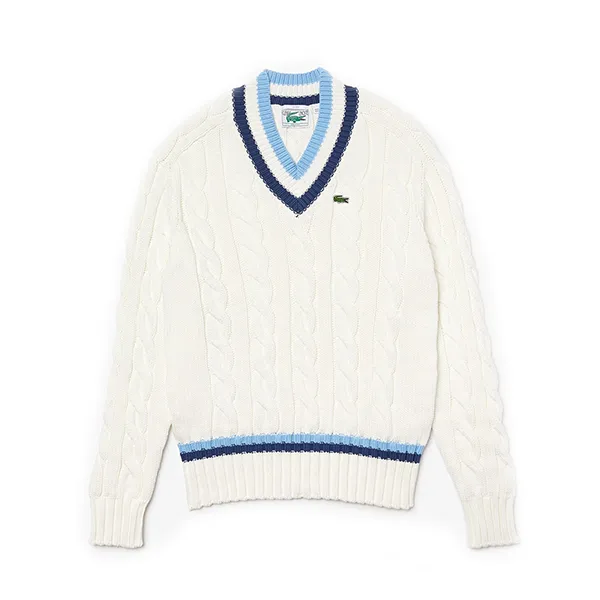 Áo Len Lacoste V-neck Striped Finishes Cable Knit Sweater AH1350.UDF Màu Xanh Trắng Size 1