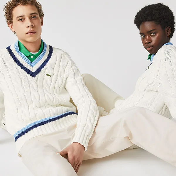 Áo Len Lacoste V-neck Striped Finishes Cable Knit Sweater AH1350.UDF Màu Xanh Trắng Size 1
