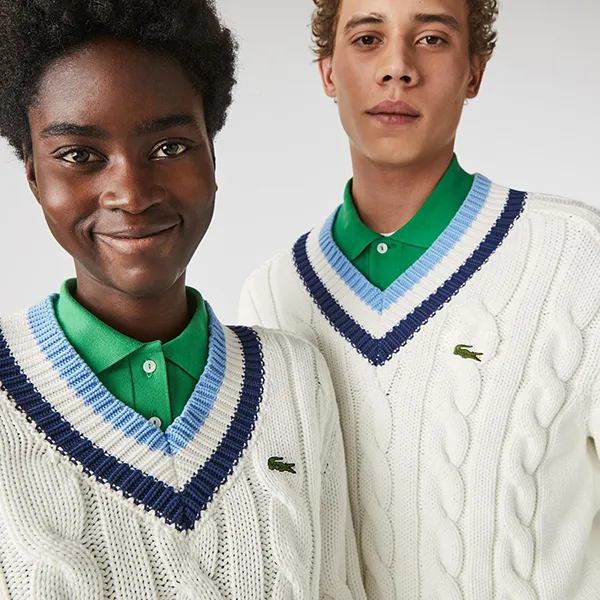 Áo Len Lacoste V-neck Striped Finishes Cable Knit Sweater AH1350.UDF Màu Xanh Trắng Size 1