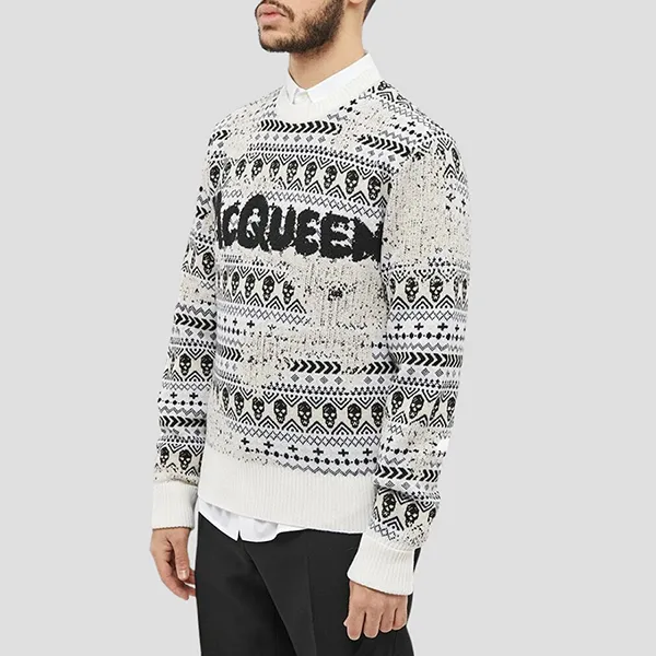 Áo Len Nam Alexander McQueen Wool Logo Sweater White/Black 729257 Q1BAB 9234 Phối Màu Size S