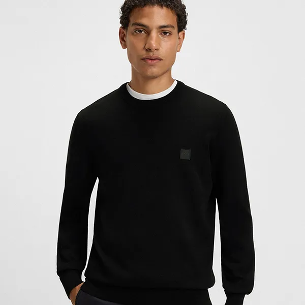 Áo Len Nam Hugo Boss Cotton-Cashmere Sweater With Logo Label 50527583 001 Màu Đen