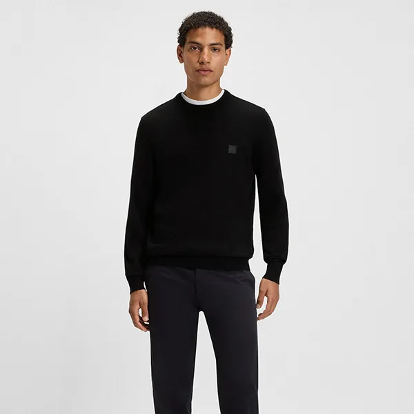 Áo Len Nam Hugo Boss Cotton-Cashmere Sweater With Logo Label 50527583 001 Màu Đen