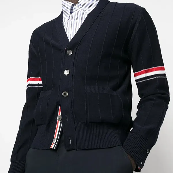Áo Len Nam Thom Browne RWB Stripe V-neck Cardigan MKC519A Màu Xanh Navy Size 3